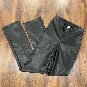 Faux leather stretchy split hem pants v waist black trouser size 4 vegan flare